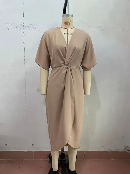 Design Wrap Front V-Neck Midi Dress Burgundy - 34