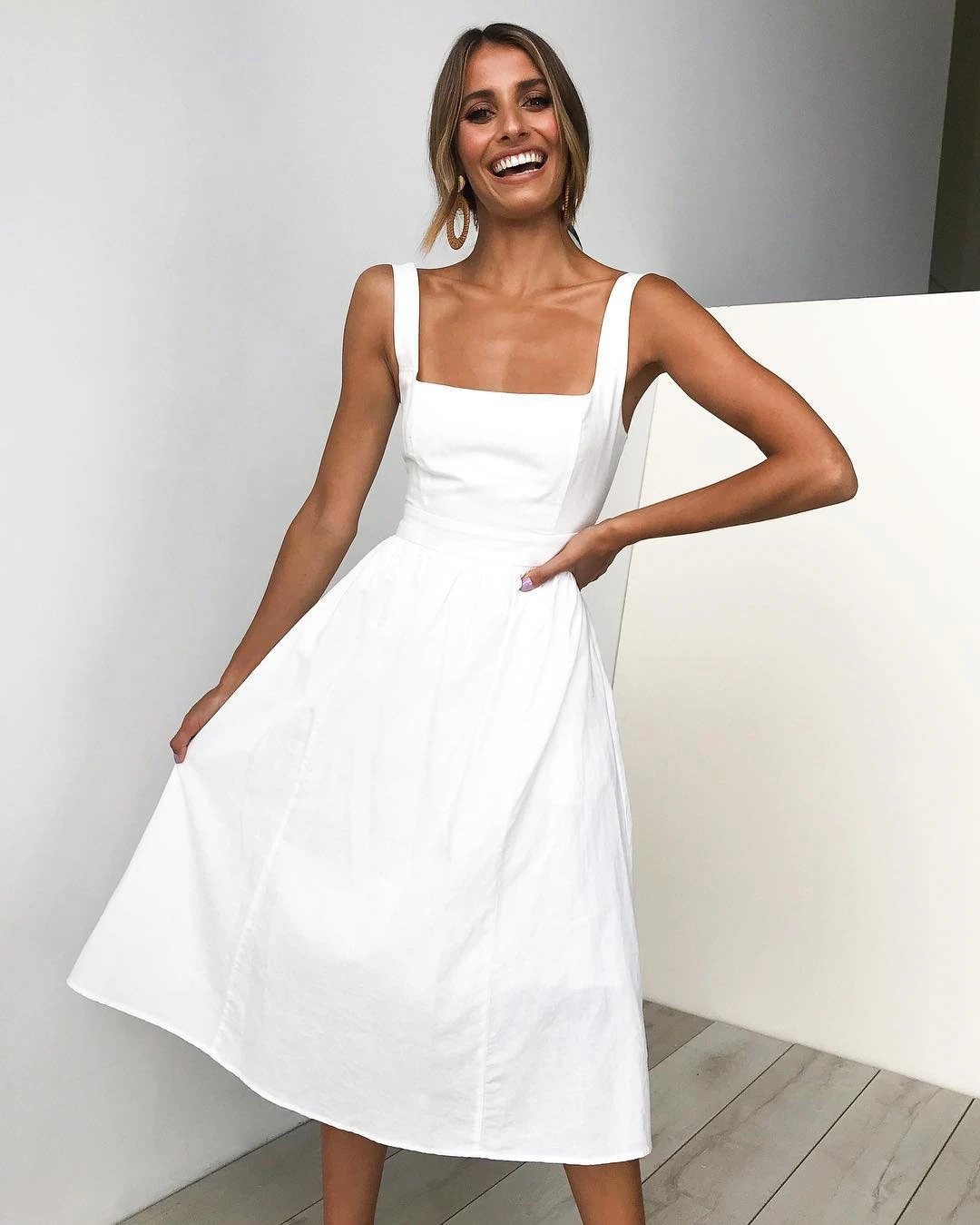 Design Square Neck Midi Dress White - 25