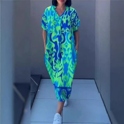 欧美亚马逊跨境女装短袖新款V 领简约印花休闲裙子宽松连衣裙