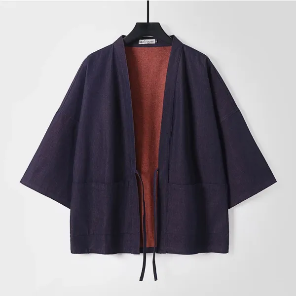 Design Haori-Style Kimono Jacket Navy with Rust Liner Outerwear - 1