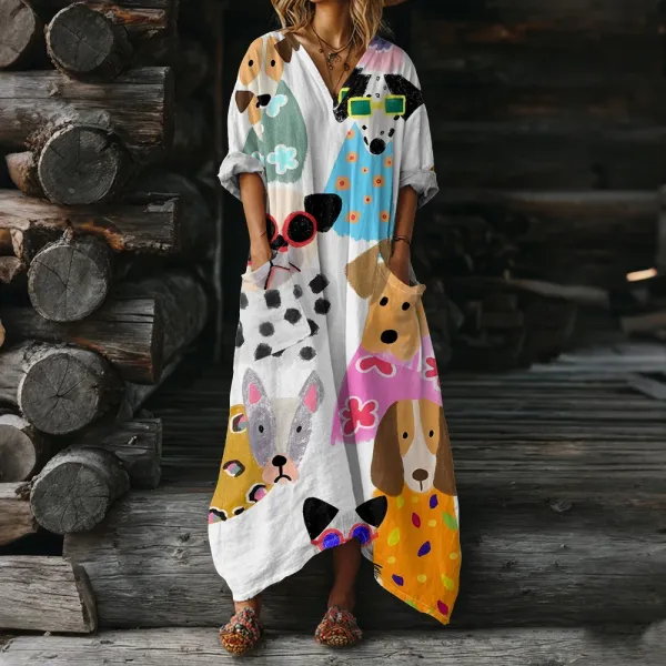 Design Dog Print Maxi Dress Multicolor Casual Dress - 1