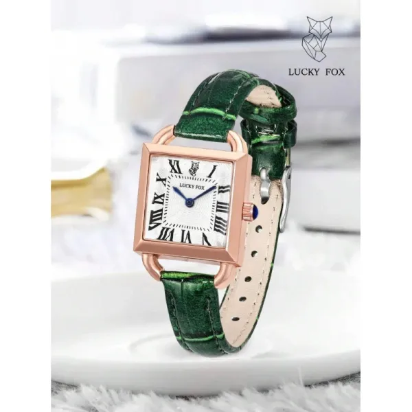 Design Lucky Fox Square Dial Rose Gold Case Green Leather Strap Quartz Watch Watches - 1