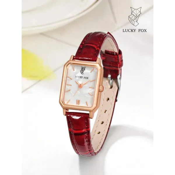 Design Lucky Fox Rectangular Dial Rose Gold Case Red Leather Strap Watch Watches - 1