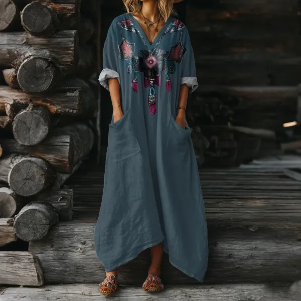 Design Embroidered V-Neck Maxi Dress in Teal with Bohemian Floral Motif - 1