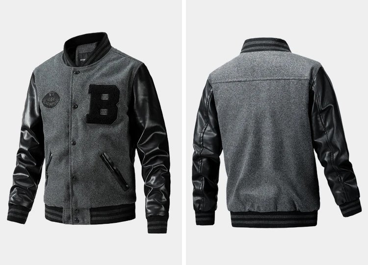 Mitchell & Ness Letterman Jacket Gray Black Outerwear Jacket - 9