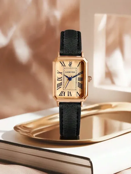 Design Lucky Fox Square Dial Rose Gold Case Green Leather Strap Quartz Watch Watches - 3