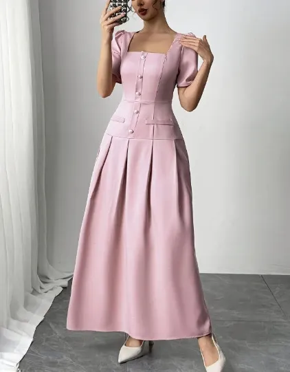 Design Square Neck Pleated Midi Dress Pink Dress Formal Dress - 5