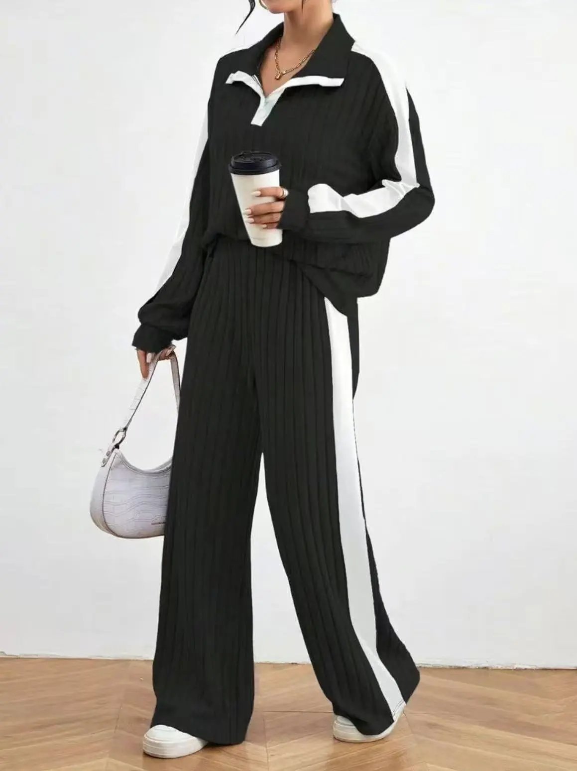 Design Ribbed Knit Track Set Gray with Black Stripe Pants and Top - 16