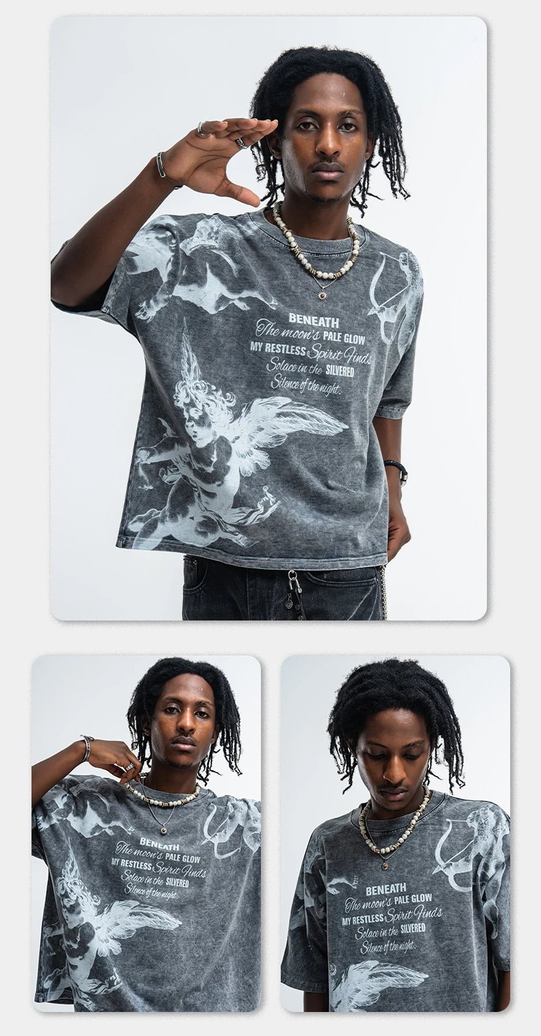 Design Cherub Print Acid Wash Gray T-Shirt - 10