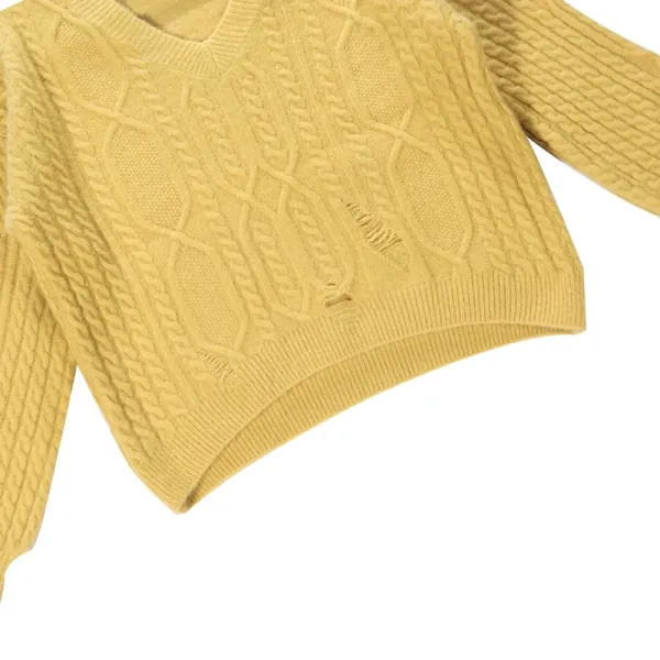 Design Cable Knit V-Neck Cropped Sweater Yellow - 10
