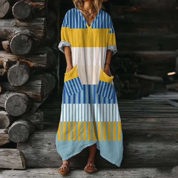 Design Striped Color-Block Maxi Dress in Blue Yellow White - 1