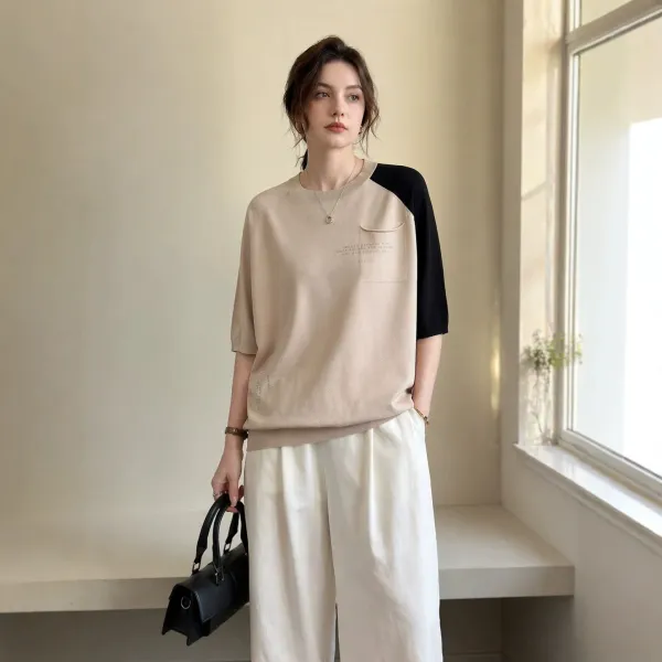 Design Knit Raglan Sleeve Pocket Tee Beige / Black T-Shirt - 1