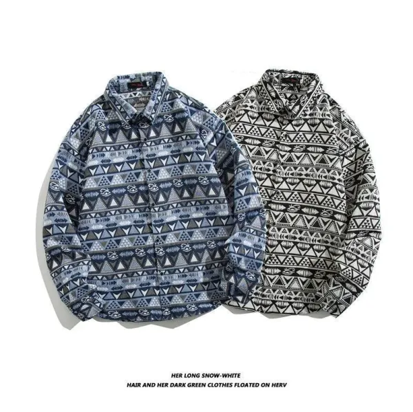 Design Aztec Print Long-Sleeve Button-Up Shirt Black White Tops Shirt - 18