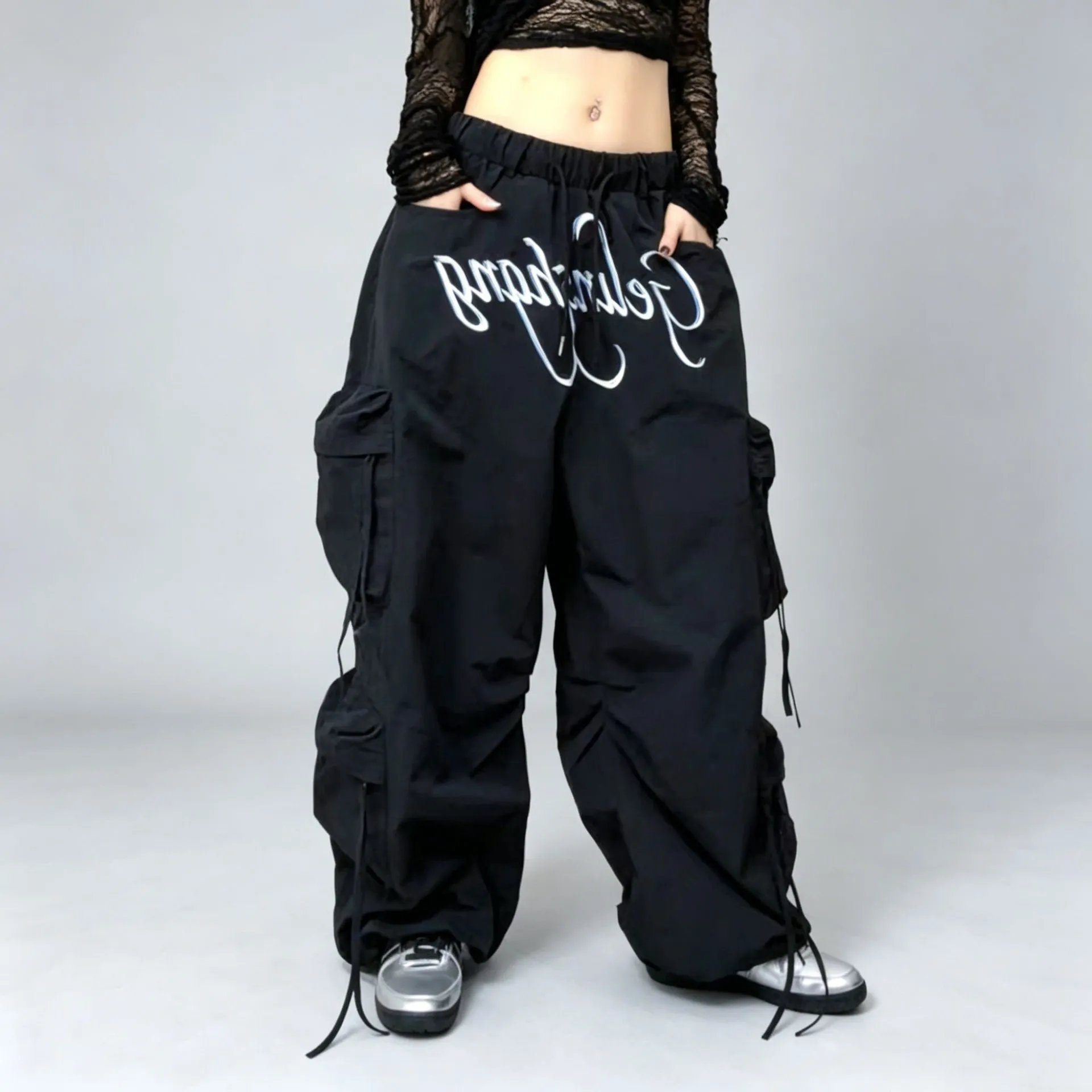 Design Cargo Pants with Script Logo Black Pants - 1
