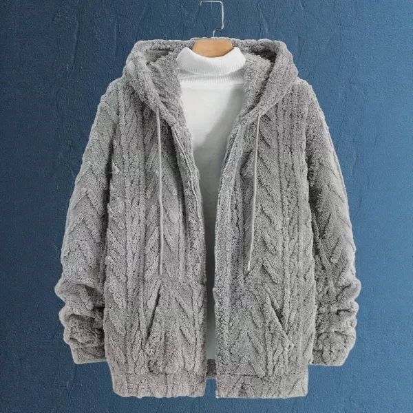 Design Faux Fur Cable Knit Hooded Jacket Gray Outerwear - 32