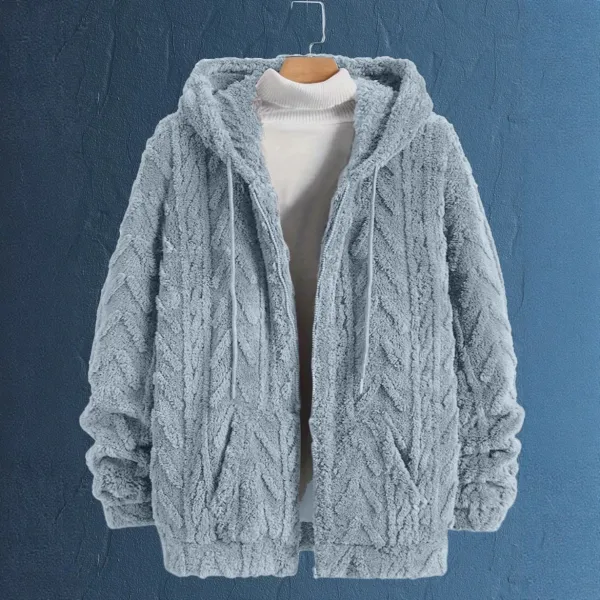 Design Faux Fur Cable Knit Hooded Jacket Gray Outerwear - 33