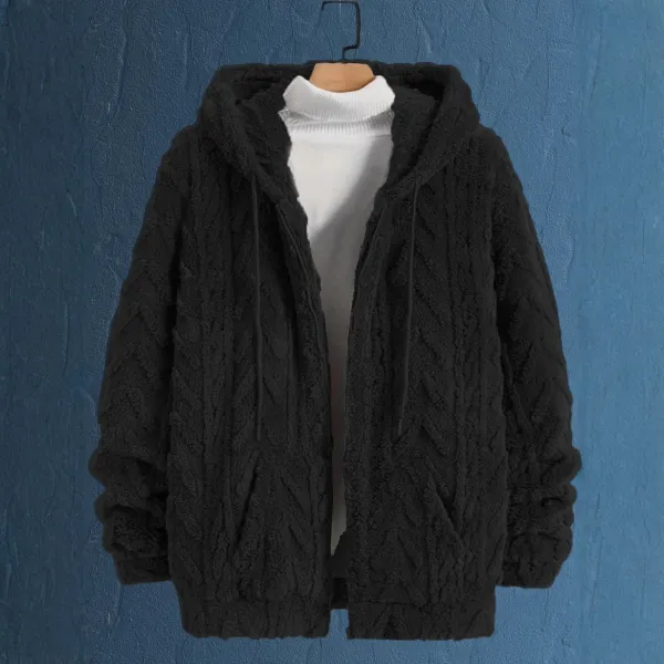 Design Faux Fur Cable Knit Hooded Jacket Gray Outerwear - 17