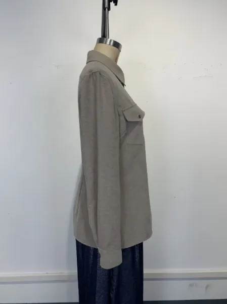 Design Distressed Button-Up Shirt in Stone Washed Beige with Black Leather Pants - 11