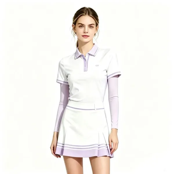 Design White Tennis Polo and Pleated Skirt Set with Gold Trim - 9