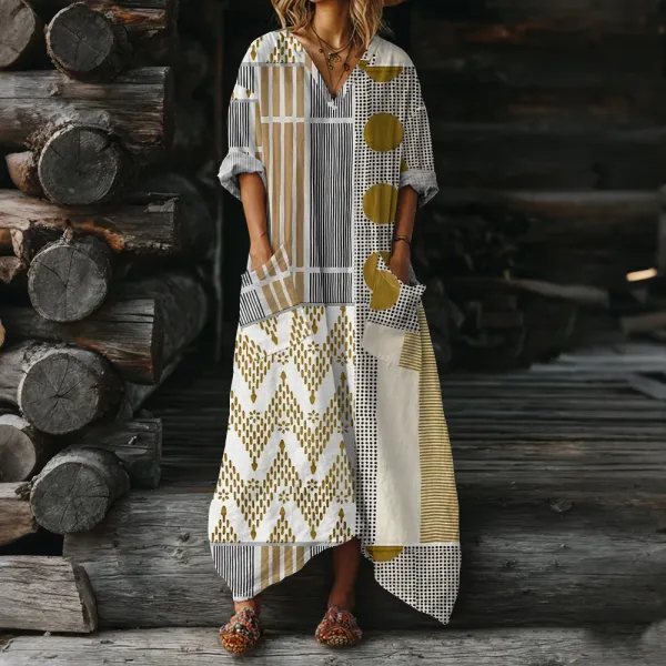 Design Patchwork Geometric Print Maxi Dress Beige Gold White - 1