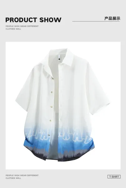 Design Oversized Short-Sleeve Button-Up Shirt with Gradient Dip-Dye Hem Tops Shirt - 14