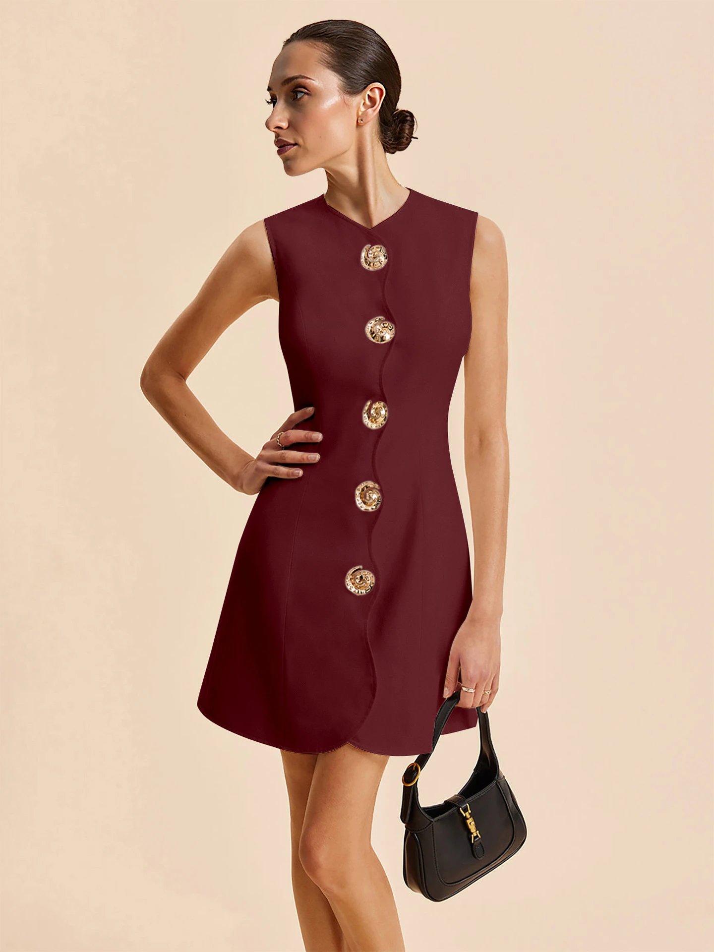 Design Button-Front A-Line Mini Dress Burgundy - 15