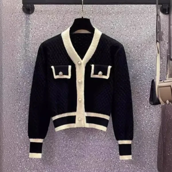 Design Chanel-Inspired Tweed Cardigan Black and Cream Knit Cardigan Outerwear.cardigan - 1