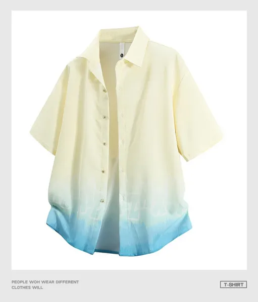Design Oversized Short-Sleeve Button-Up Shirt with Gradient Dip-Dye Hem Tops Shirt - 16