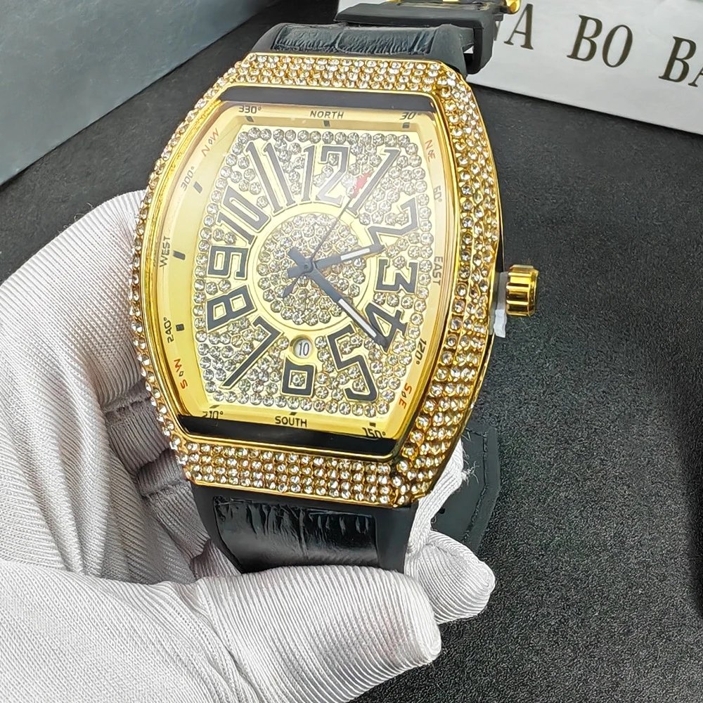 Design Luxury Chrono Diamond-Encrusted Gold Tone Watch with Blue Rubber Strap Watches - 11