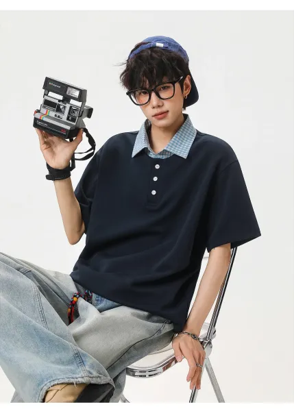 Design Layered Collar Polo Navy Blue Tops Polo - 16