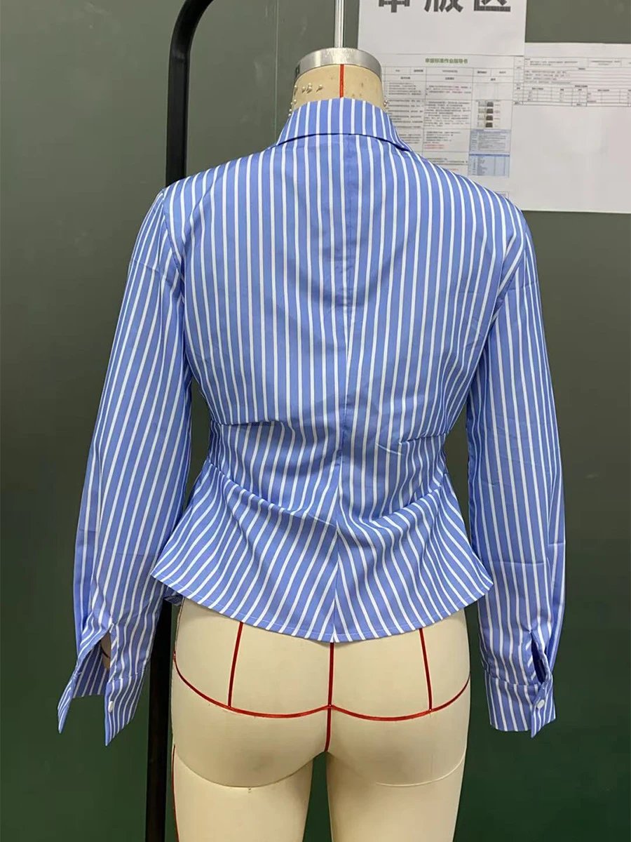 Design Striped Asymmetrical Wrap Shirt Black and White Tops Shirt - 7