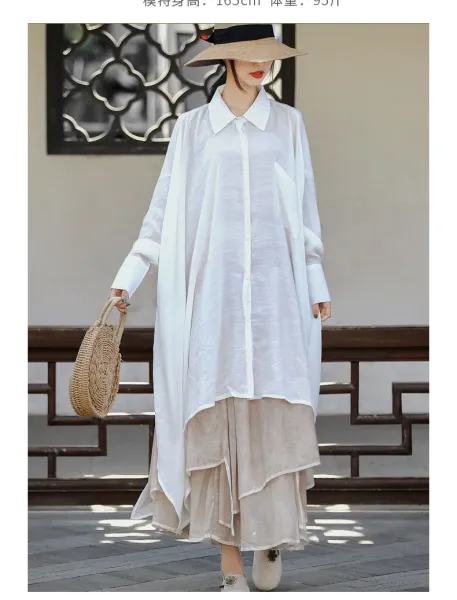 Design Oversized Linen Shirt White + Tiered Skirt Beige + Straw Hat + Woven Bag Handbag - 11