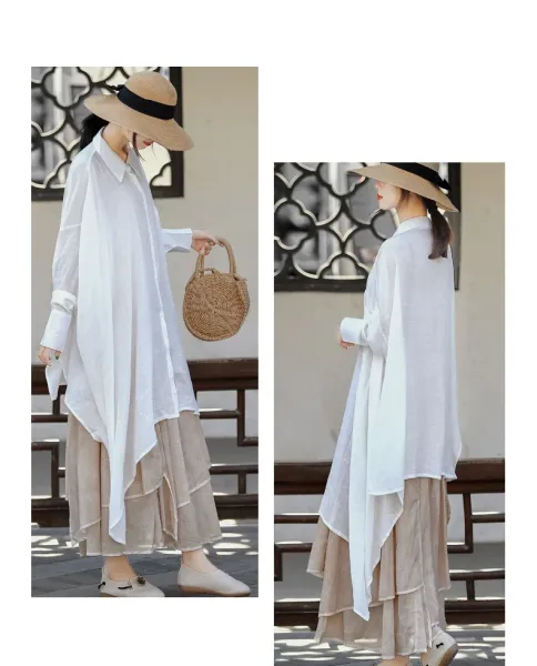 Design Oversized Linen Shirt White + Tiered Skirt Beige + Straw Hat + Woven Bag Handbag - 15