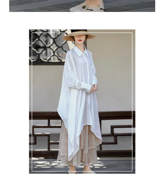 Design Oversized Linen Shirt White + Tiered Skirt Beige + Straw Hat + Woven Bag Handbag - 17
