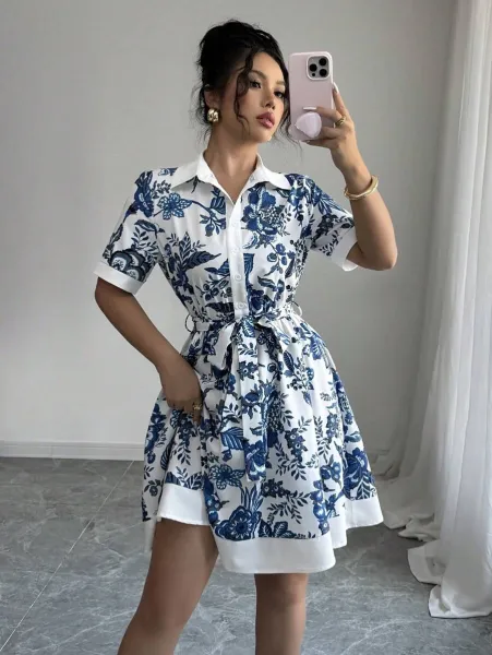 Design Floral Print Shirt Dress in White and Green - 4