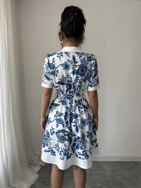 Design Floral Print Shirt Dress in White and Green - 5