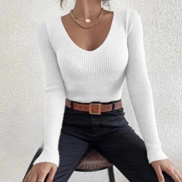 Design Ribbed V-Neck Long Sleeve Crop Top White Sweater Tops.sweater - 1