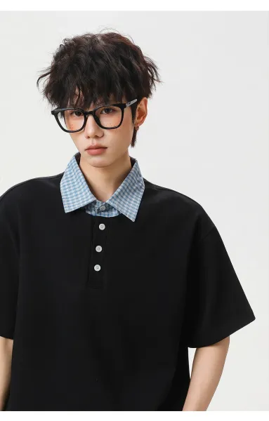 Design Layered Collar Polo Navy Blue Tops Polo - 22
