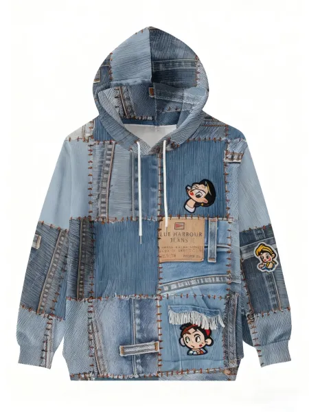 Denim Tears x Cartoon Characters Patchwork Denim Hoodie Blue - 1