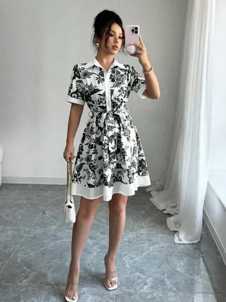 Design Floral Print Shirt Dress in White and Green - 16