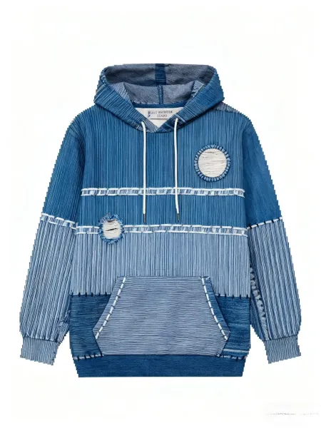 Design Denim Patchwork Hoodie White Blue - 12