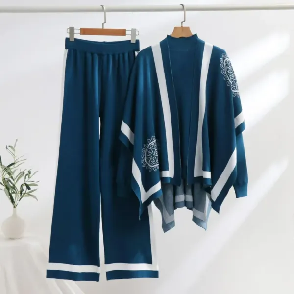 Design Embroidered Stripe Knit Cardigan and Wide-Leg Pants Set Navy - 1