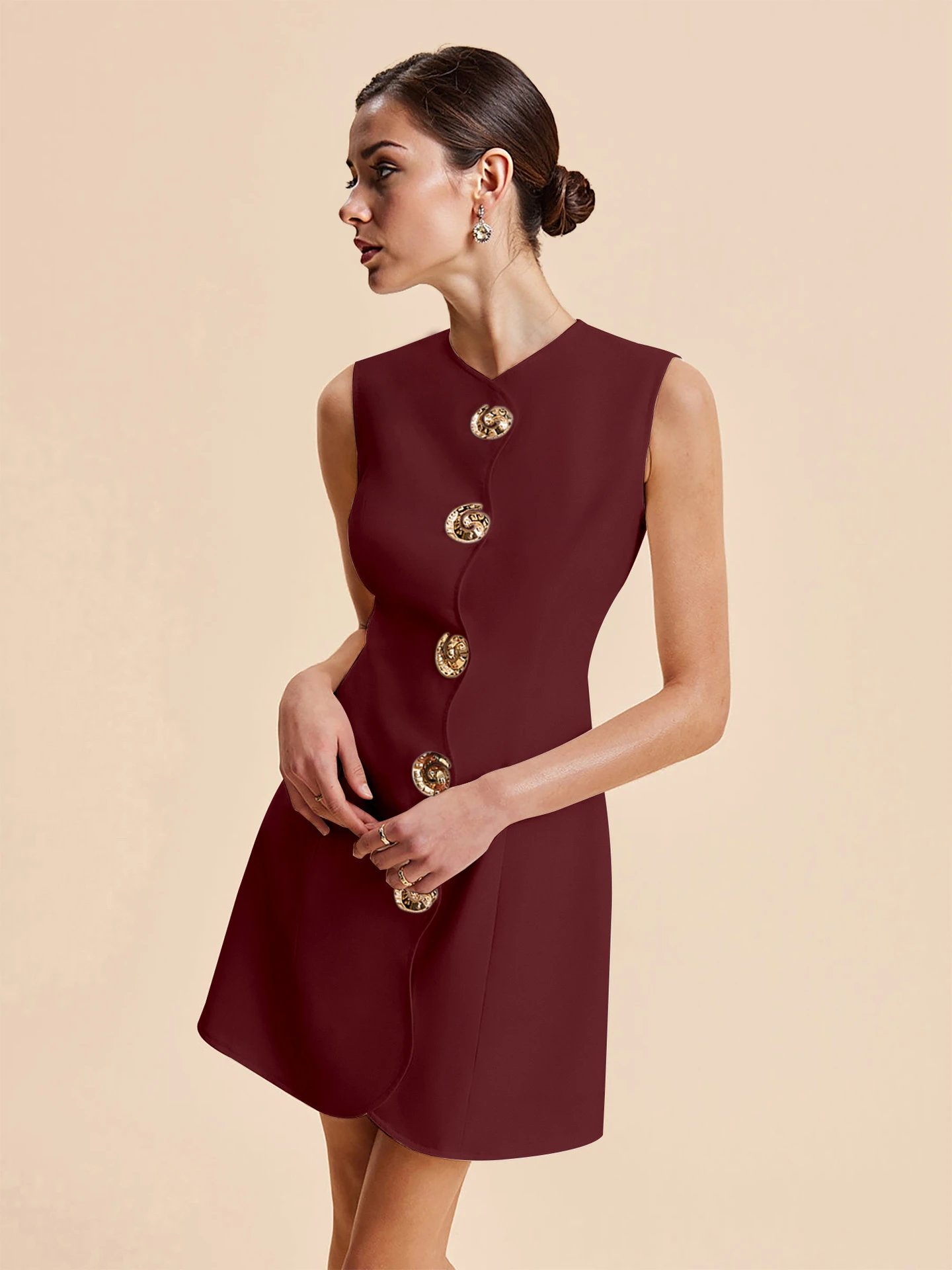 Design Button-Front A-Line Mini Dress Burgundy - 17