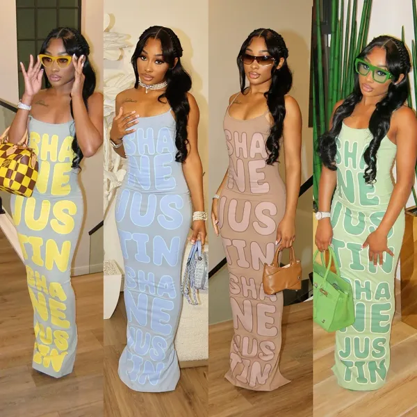 Design Graphic Print Beige Maxi Dress with 'SHANE JUSTIN' Typography - 4