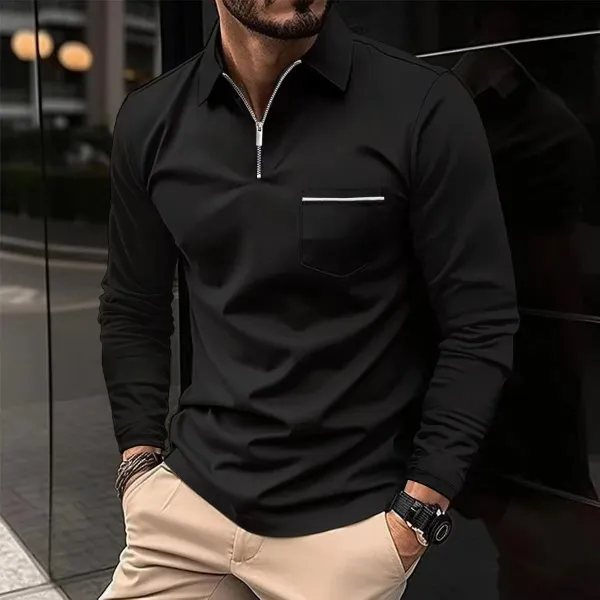 Design Zip-Neck Long Sleeve Shirt Black - 1