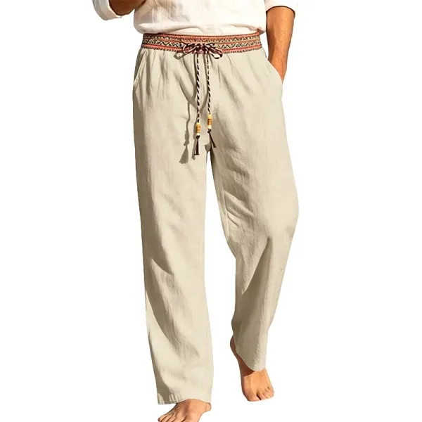 Design Bohemian Linen Drawstring Waist Pants Beige - 1