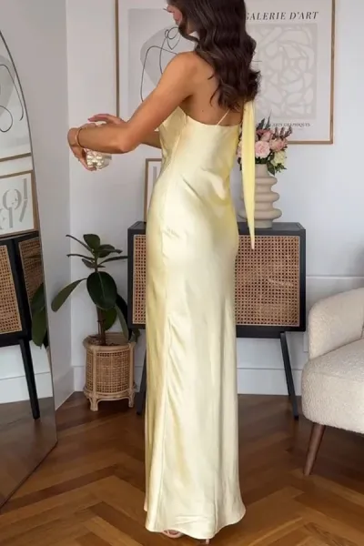 Design One-Shoulder Satin Maxi Dress in Champagne Gold - 8