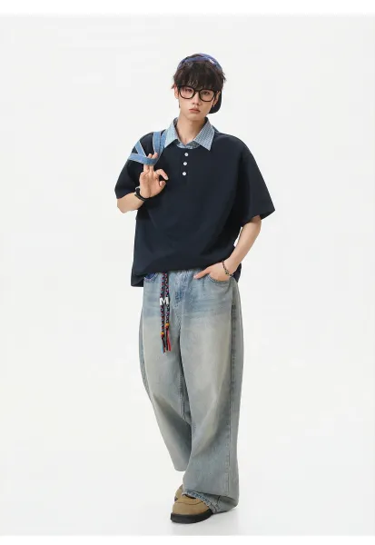 Design Layered Collar Polo Navy Blue Tops Polo - 21