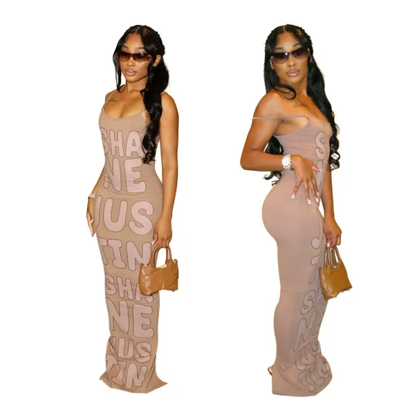 Design Graphic Print Beige Maxi Dress with 'SHANE JUSTIN' Typography - 21