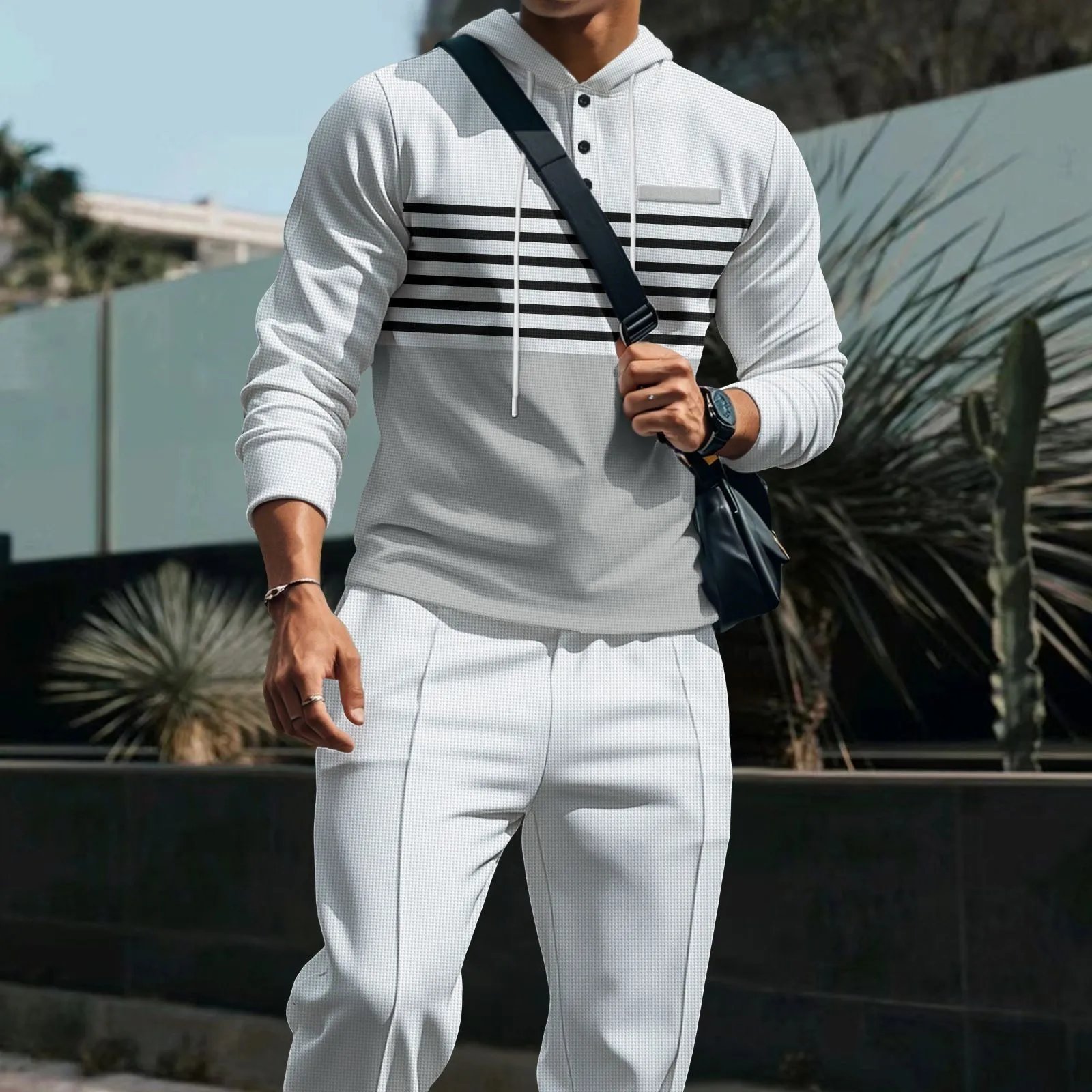 Design Waffle-Knit Hoodie and Jogger Set White / Gray - 14